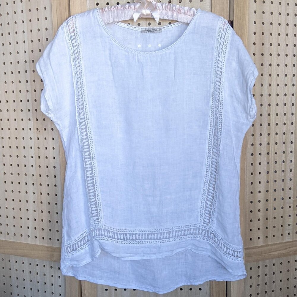 Alessia Pacini white linen blouse with cap sleeves and lace cut-outs